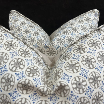 Luxury Designer Quadrille Geometric Kediri Batik Grey Blue Fabric Cushion Pillow Throw Cover