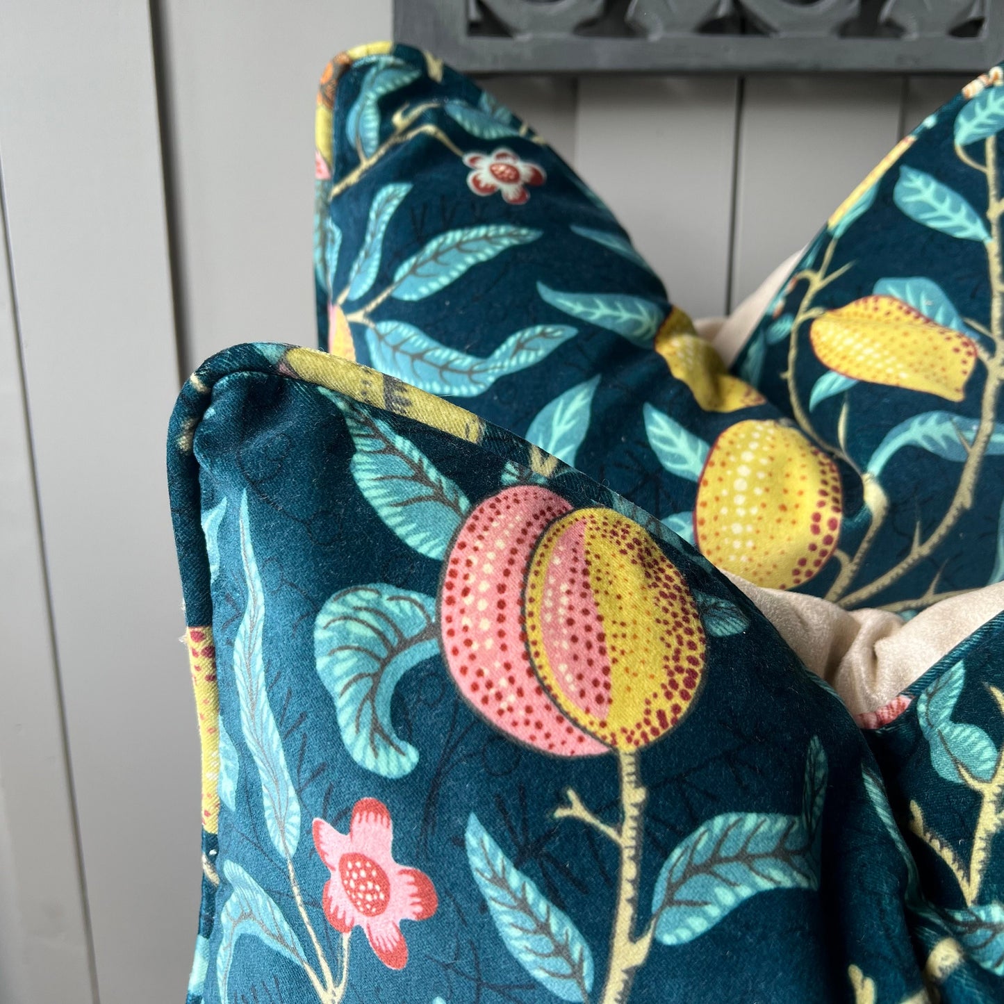 William Morris Luxury Designer Fruit Blue Yellow Velvet Vintage Cushion Pillow Throw Cover