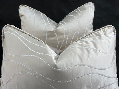 Luxury Designer Taupe Beige Neutral Contemporary Satin Wavy Striped Fabric Cushion Pillow Cover