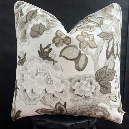 Schumacher Luxury Designer Bermuda Blossoms Beige Grey Cushion Pillow Sofa Cover