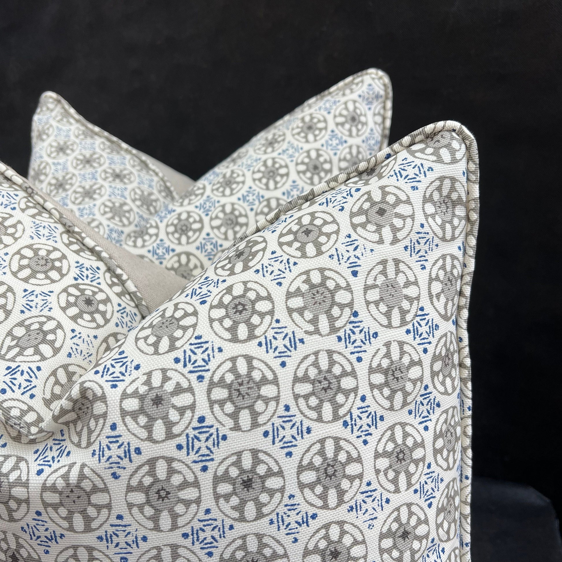 Luxury Designer Quadrille Geometric Kediri Batik Grey Blue Fabric Cushion Pillow Throw Cover