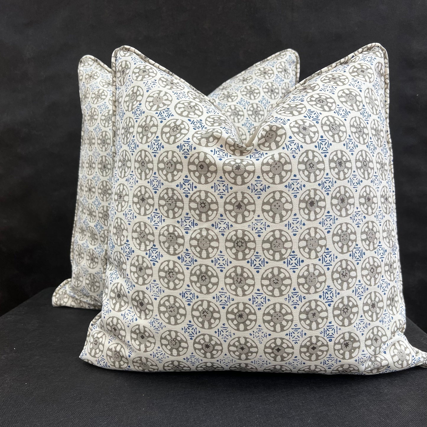 Luxury Designer Quadrille Geometric Kediri Batik Grey Blue Fabric Cushion Pillow Throw Cover