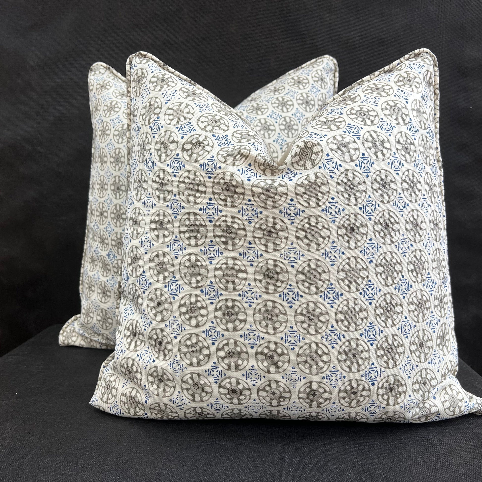 Luxury Designer Quadrille Geometric Kediri Batik Grey Blue Fabric Cushion Pillow Throw Cover
