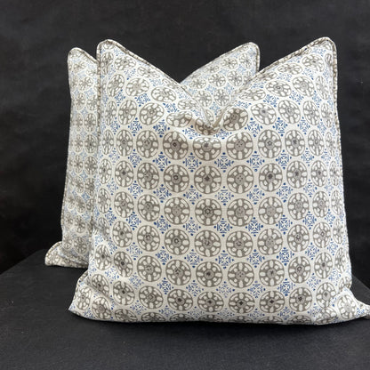 Luxury Designer Quadrille Geometric Kediri Batik Grey Blue Fabric Cushion Pillow Throw Cover
