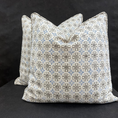 Luxury Designer Quadrille Geometric Kediri Batik Grey Blue Fabric Cushion Pillow Throw Cover