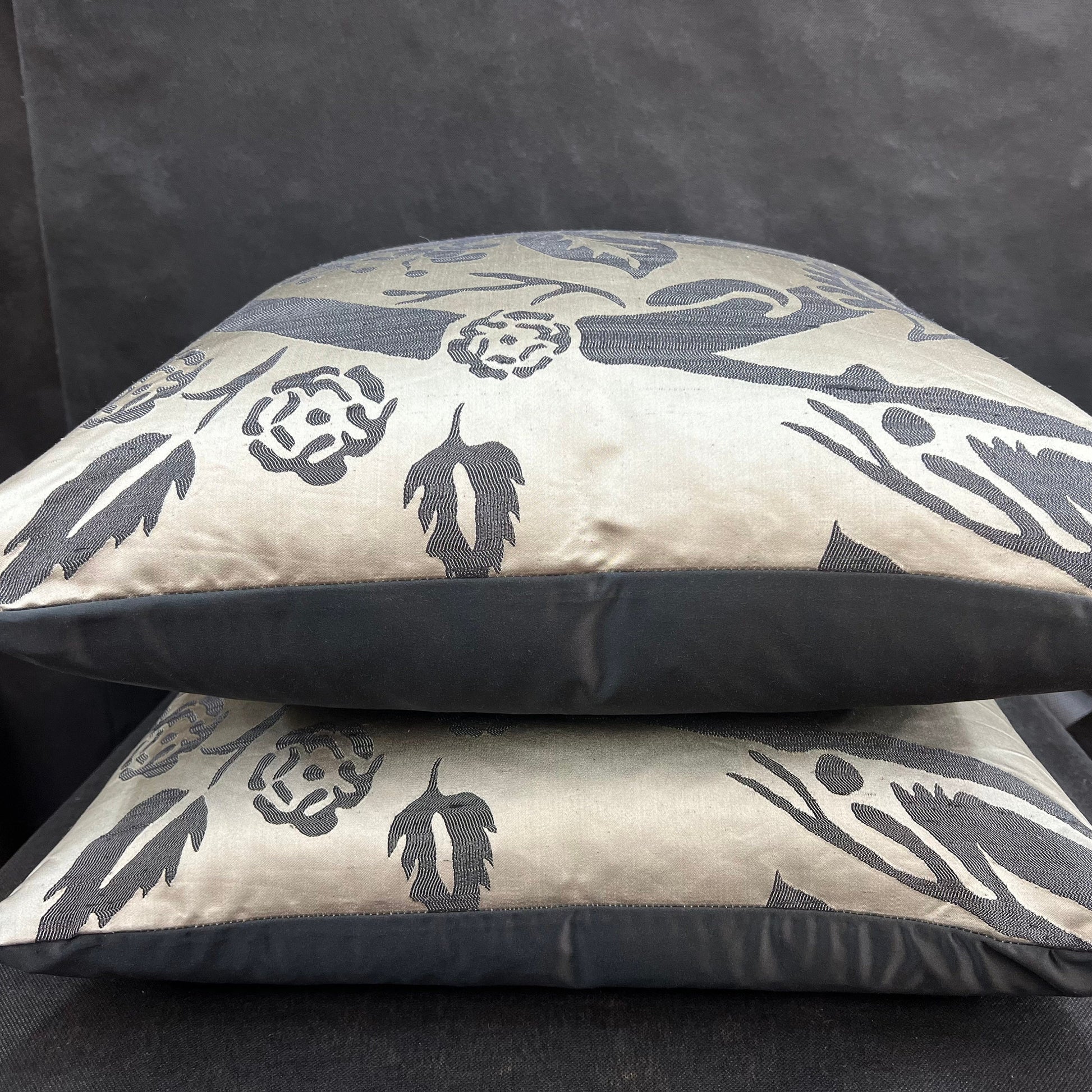 Luxury Designer Black Taupe Silk Satin Woven Floral Cushion Pillow Cover