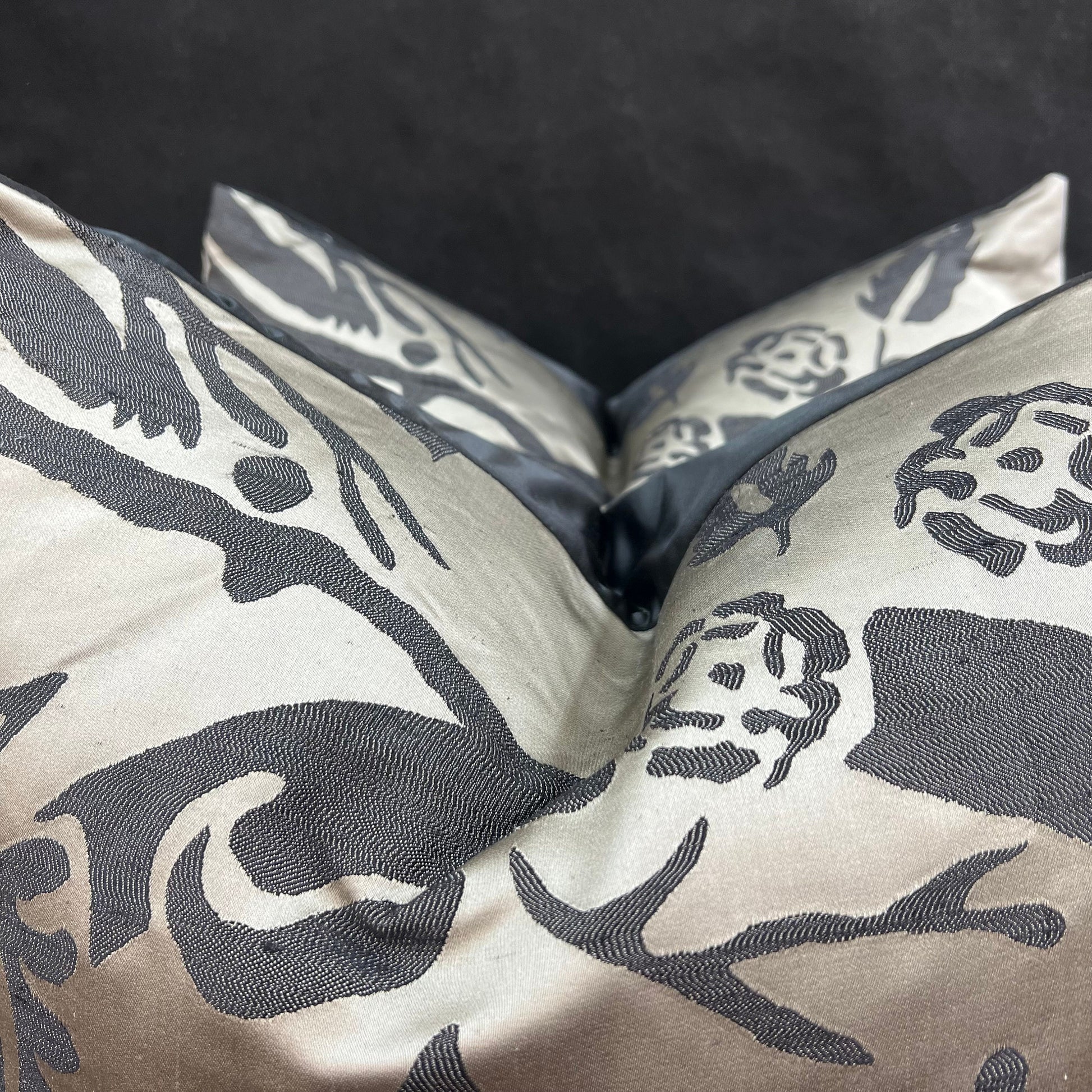 Luxury Designer Black Taupe Silk Satin Woven Floral Cushion Pillow Cover