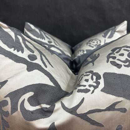 Luxury Designer Black Taupe Silk Satin Woven Floral Cushion Pillow Cover