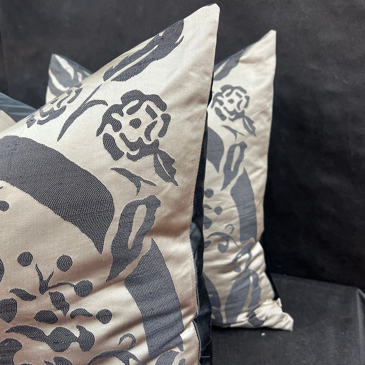 Luxury Designer Black Taupe Silk Satin Woven Floral Cushion Pillow Cover