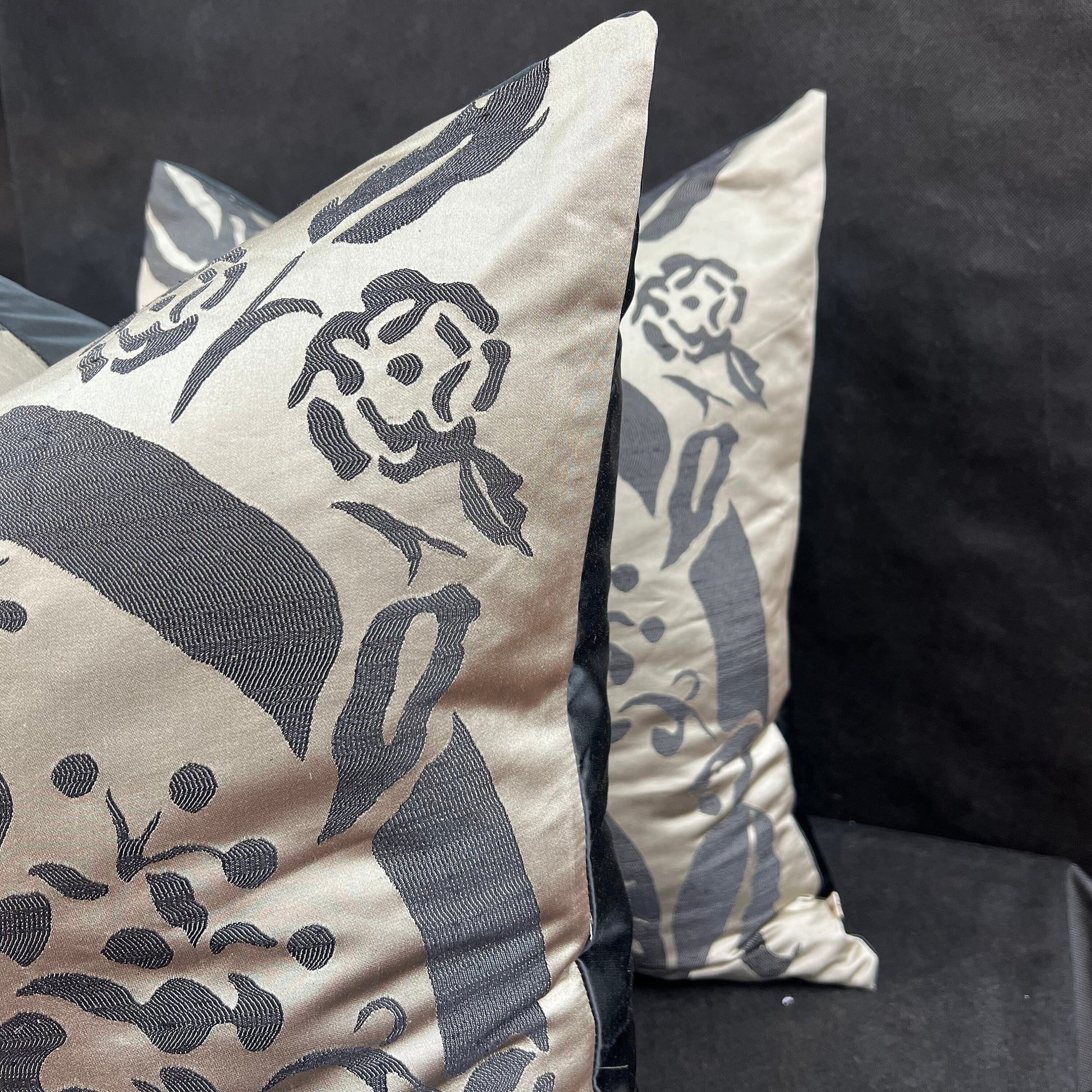 Luxury Designer Black Taupe Silk Satin Woven Floral Cushion Pillow Cover