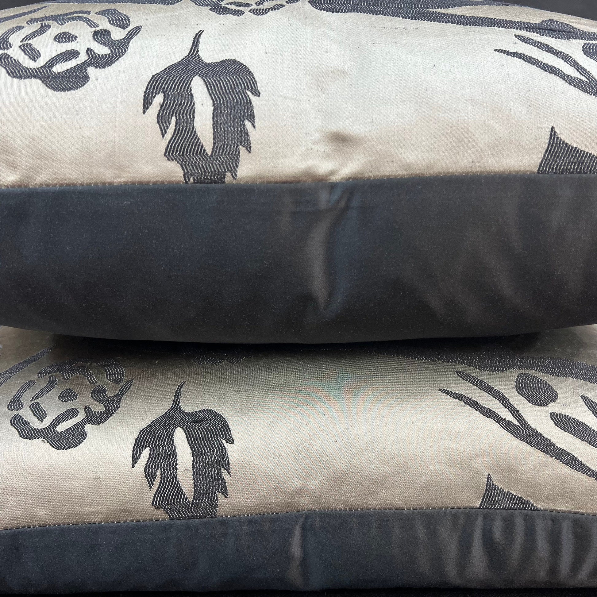 Luxury Designer Black Taupe Silk Satin Woven Floral Cushion Pillow Cover