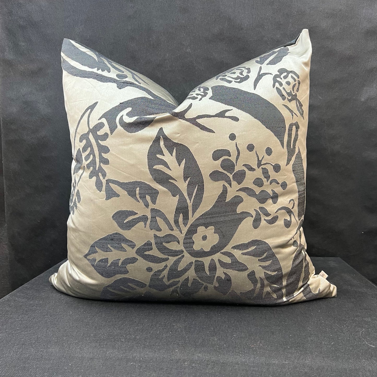 Luxury Designer Black Taupe Silk Satin Woven Floral Cushion Pillow Cover