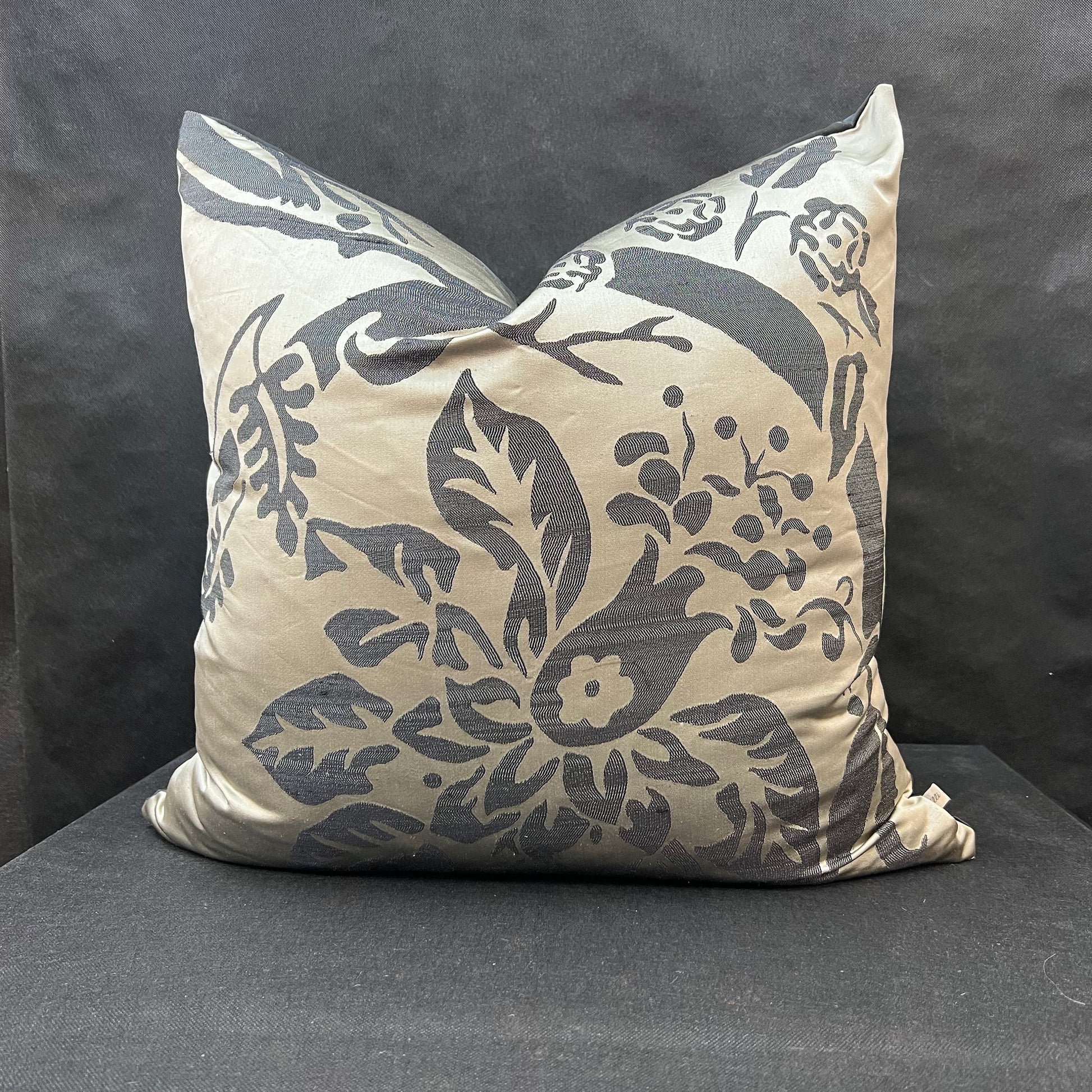 Luxury Designer Black Taupe Silk Satin Woven Floral Cushion Pillow Cover