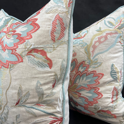 Colefax and Fowler Suniela Luxury Designer Embroidered Floral Cream Green Blue Cushion Pillow Cover