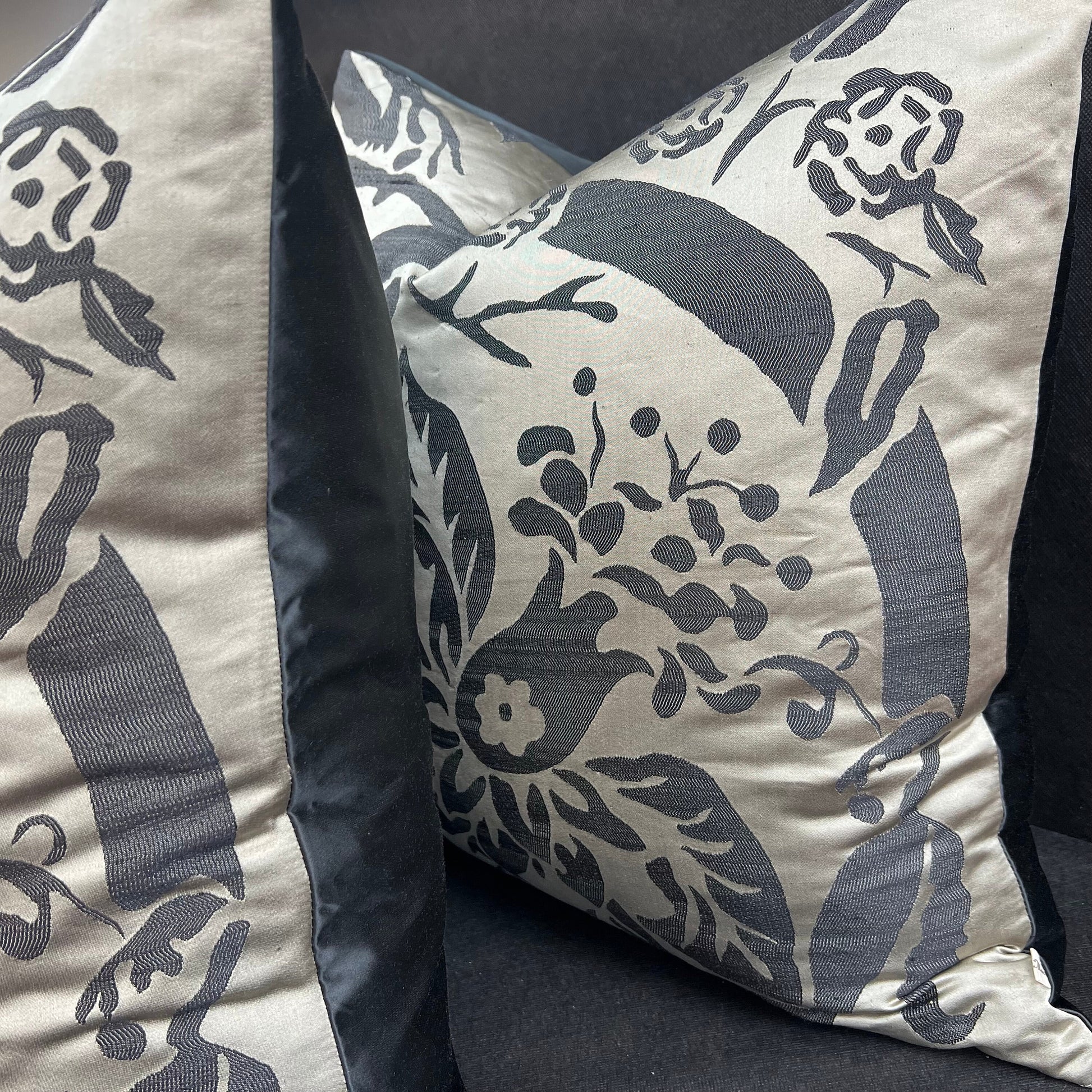 Luxury Designer Black Taupe Silk Satin Woven Floral Cushion Pillow Cover