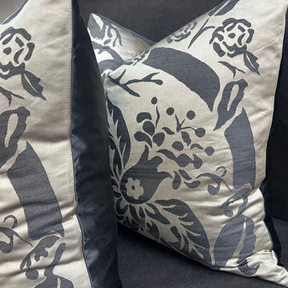 Luxury Designer Black Taupe Silk Satin Woven Floral Cushion Pillow Cover