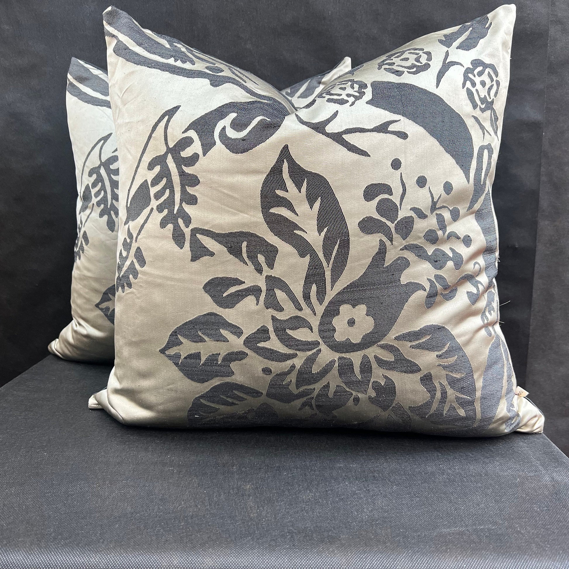 Luxury Designer Black Taupe Silk Satin Woven Floral Cushion Pillow Cover