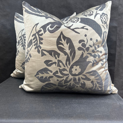 Luxury Designer Black Taupe Silk Satin Woven Floral Cushion Pillow Cover