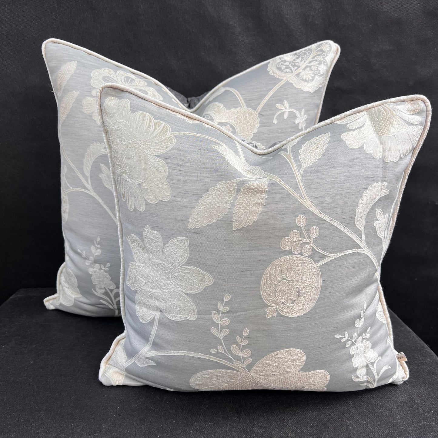 Colefax and Fowler Camille Luxury Designer Embroidered Pale Blue Grey Cushion Pillow Cover