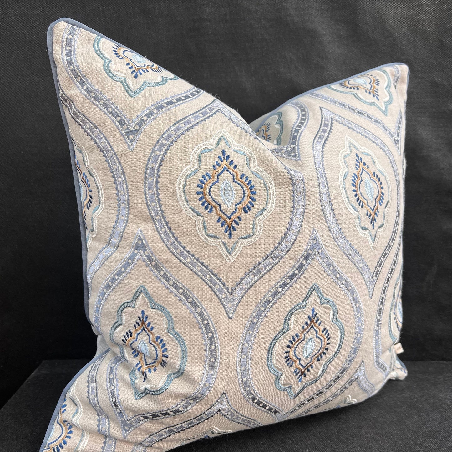 Colefax and Fowler Fabrian Luxury Designer Embroidered Grey Blue Cushion Pillow Cover