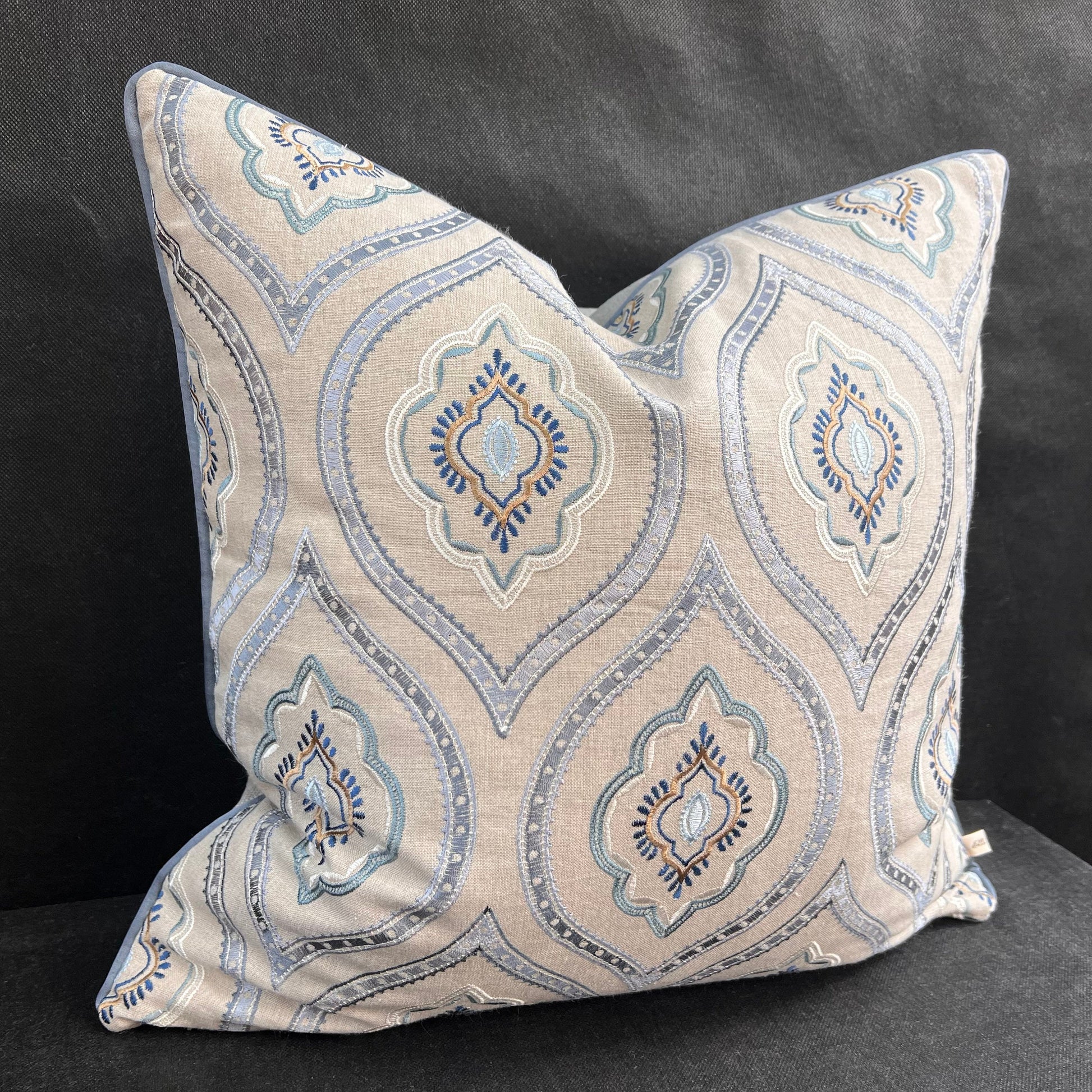 Colefax and Fowler Fabrian Luxury Designer Embroidered Grey Blue Cushion Pillow Cover