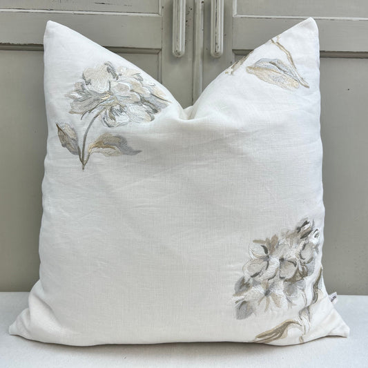 Jane Churchill Luxury Designer Cream Linen Embroidered Floral Fabric Cushion Pillow Cover