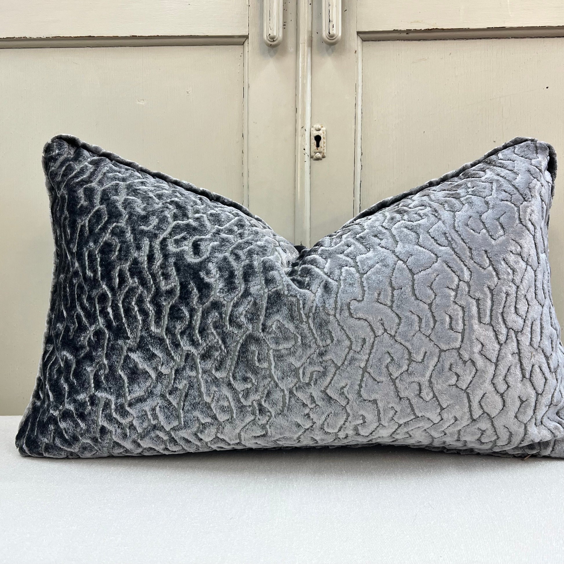 Zinc Luxury Designer Labyrinth Grey Cut Velvet Cushion Pillow Throw Cover