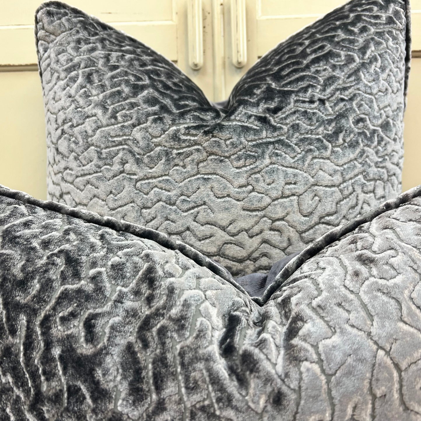 Zinc Luxury Designer Labyrinth Grey Cut Velvet Cushion Pillow Throw Cover
