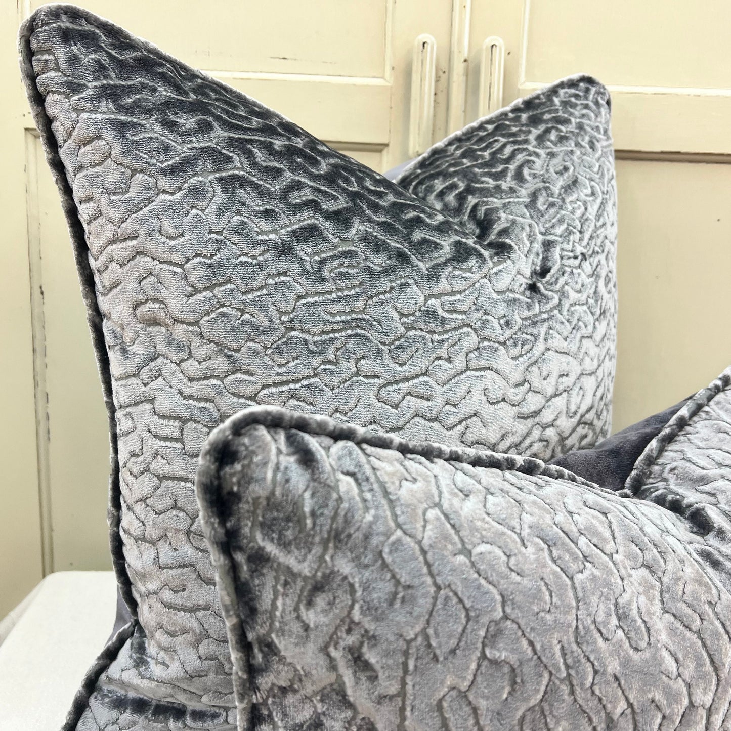 Zinc Luxury Designer Labyrinth Grey Cut Velvet Cushion Pillow Throw Cover