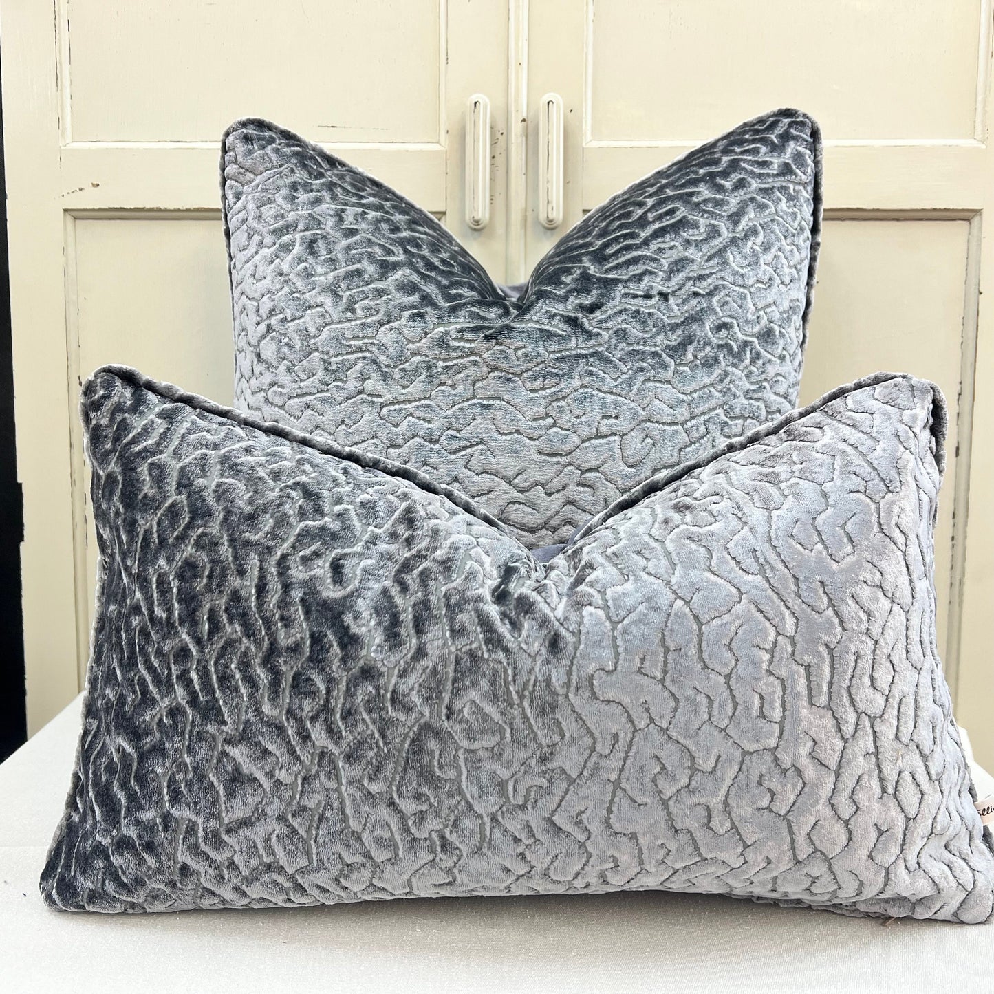 Zinc Luxury Designer Labyrinth Grey Cut Velvet Cushion Pillow Throw Cover