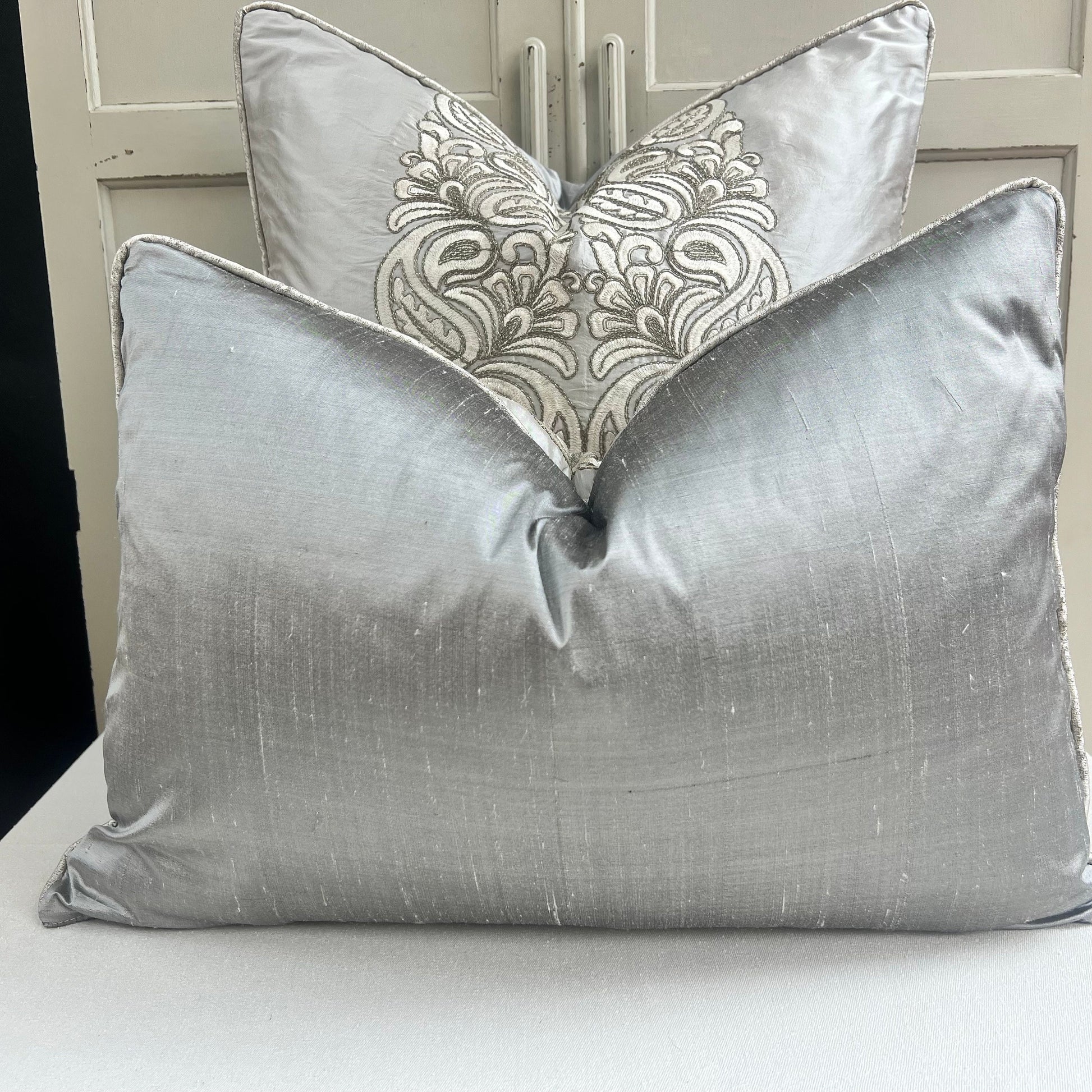 Ardecora Meda Luxury Designer Embroidered Grey Contemporary Silk Fabric Cushion Pillow Cover