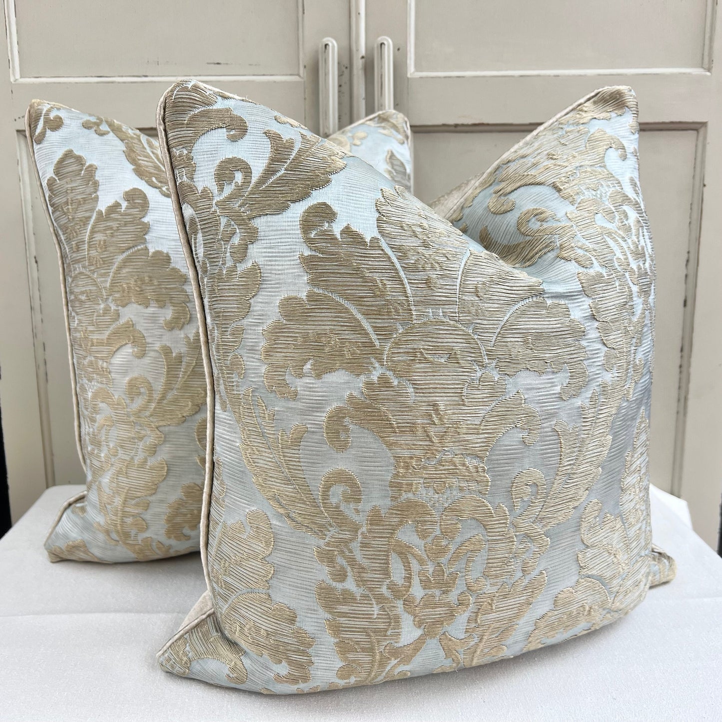 Colefax and Fowler Luxury Designer Cantinella Duck Egg and Gold Brocade Cushion Sofa Throw Pillow