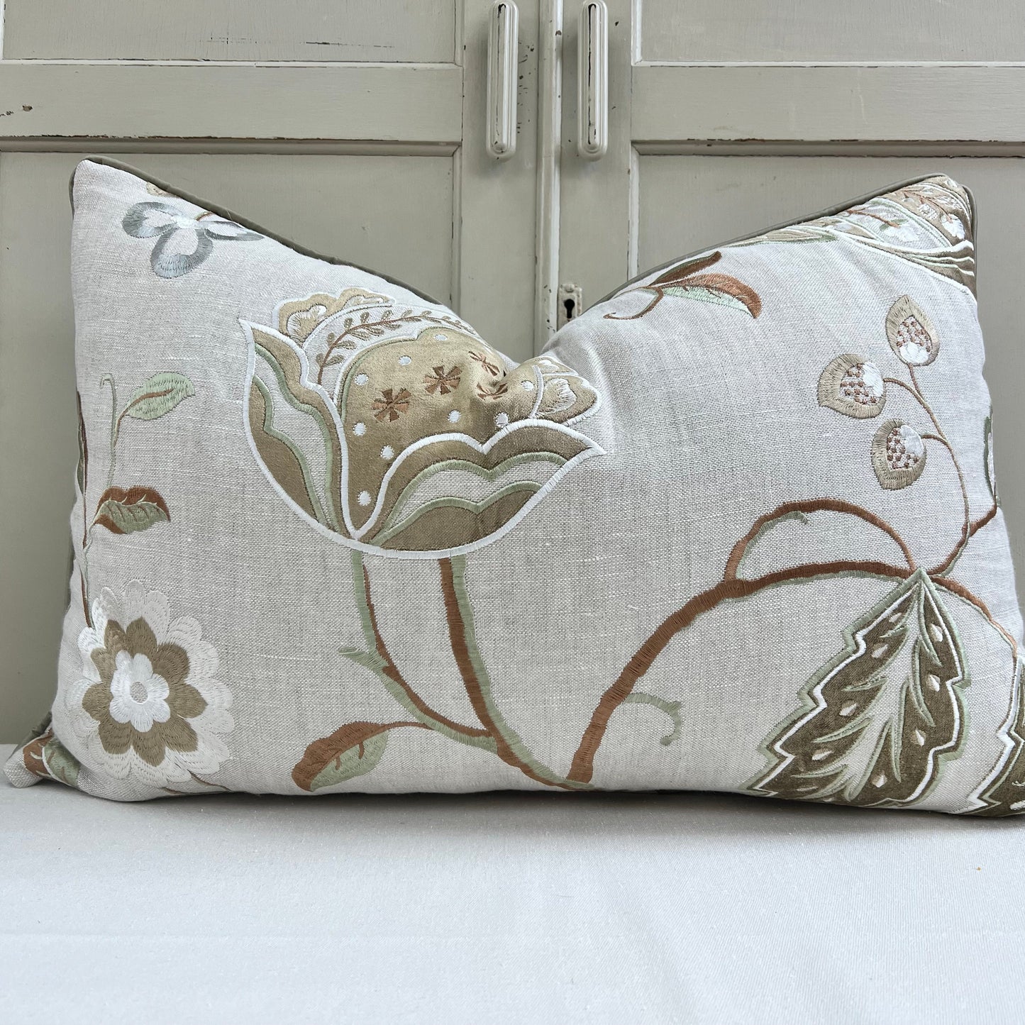 Luxury Designer Embroidered Sage Green Lumbar Cushion Throw Sofa Pillow Cover