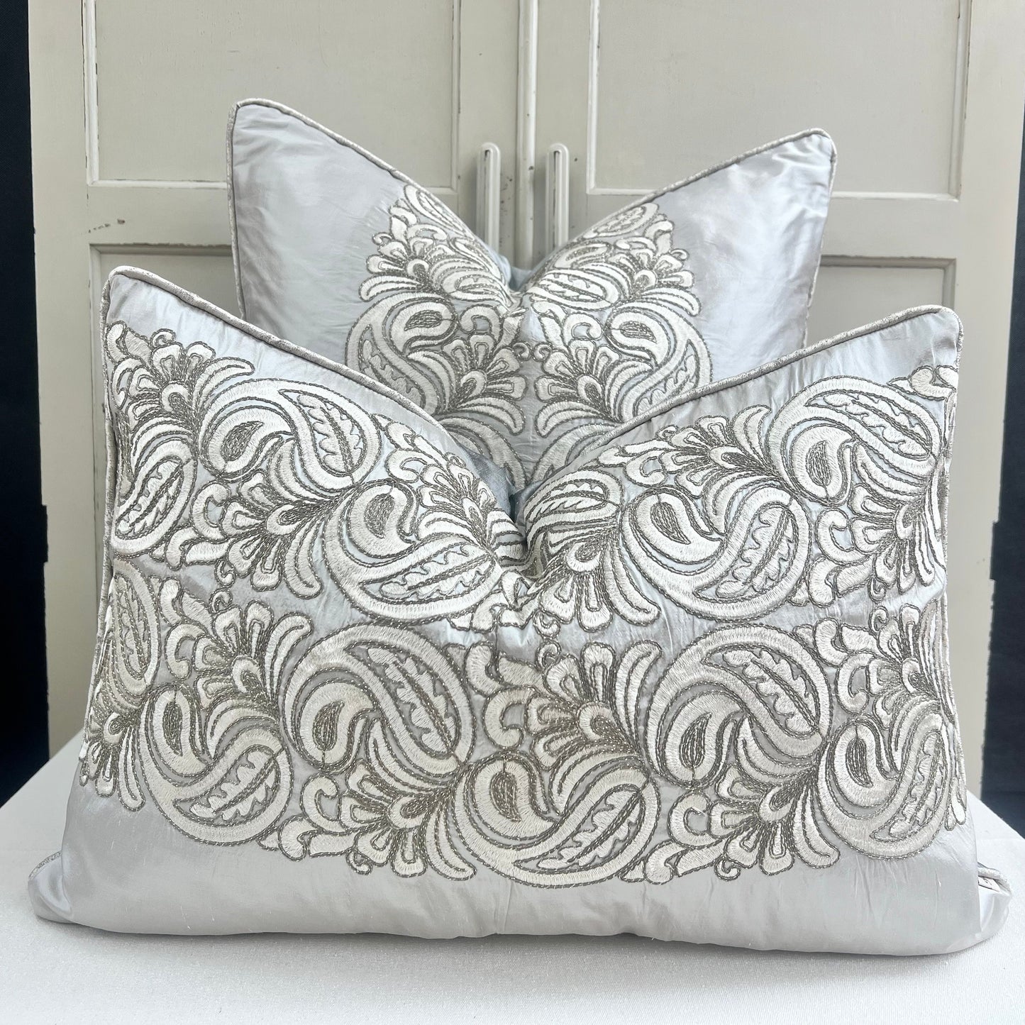 Ardecora Meda Luxury Designer Embroidered Grey Contemporary Silk Fabric Cushion Pillow Cover