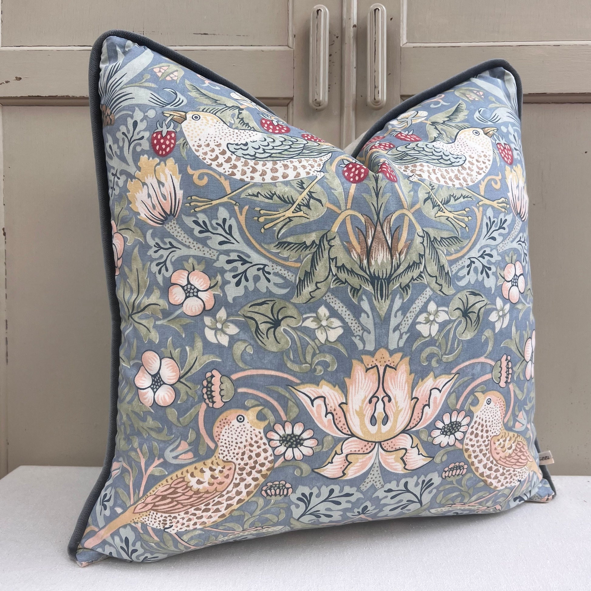 William Morris Fabric Cushion Cover Strawberry Thief Slate Blue Designer Sofa Throw Pillow