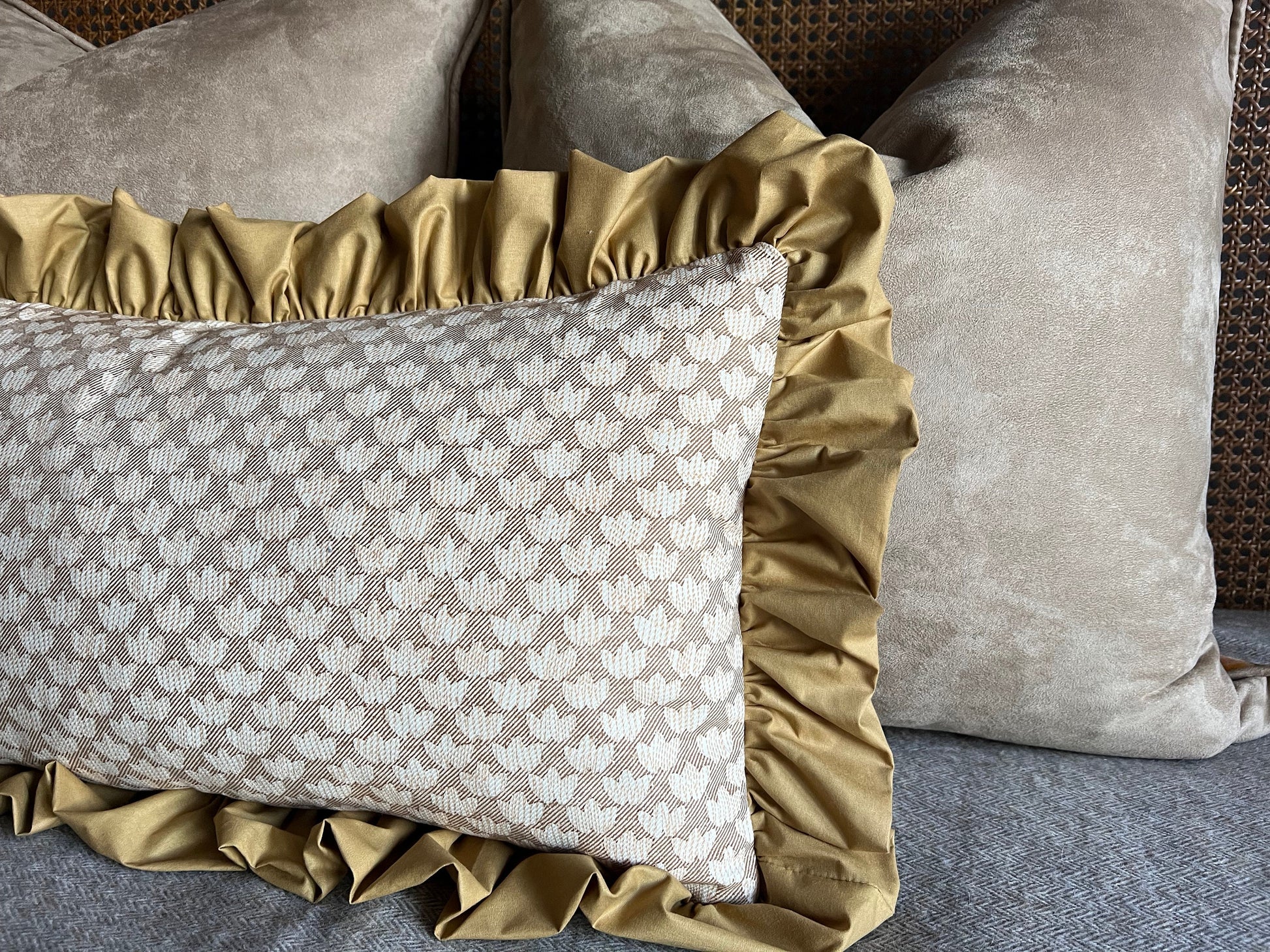 Cushions Made In Fermoie Eythorne Luxury Frilled Lumbar Beige Mustard Neutral Cotton Cushion Pillow Throw Cover