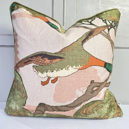 Mulberry Flying Ducks Plaster Green Orange Linen Luxury Designer Cushion Pillow Cover