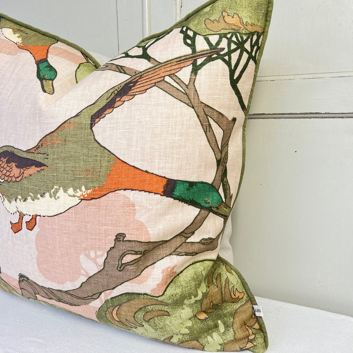 Mulberry Flying Ducks Plaster Green Orange Linen Luxury Designer Cushion Pillow Cover