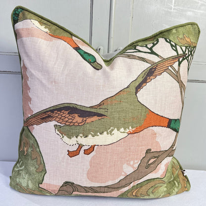 Mulberry Flying Ducks Plaster Green Orange Linen Luxury Designer Cushion Pillow Cover