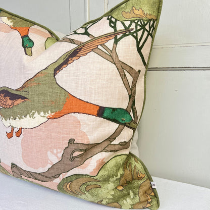 Mulberry Flying Ducks Plaster Green Orange Linen Luxury Designer Cushion Pillow Cover