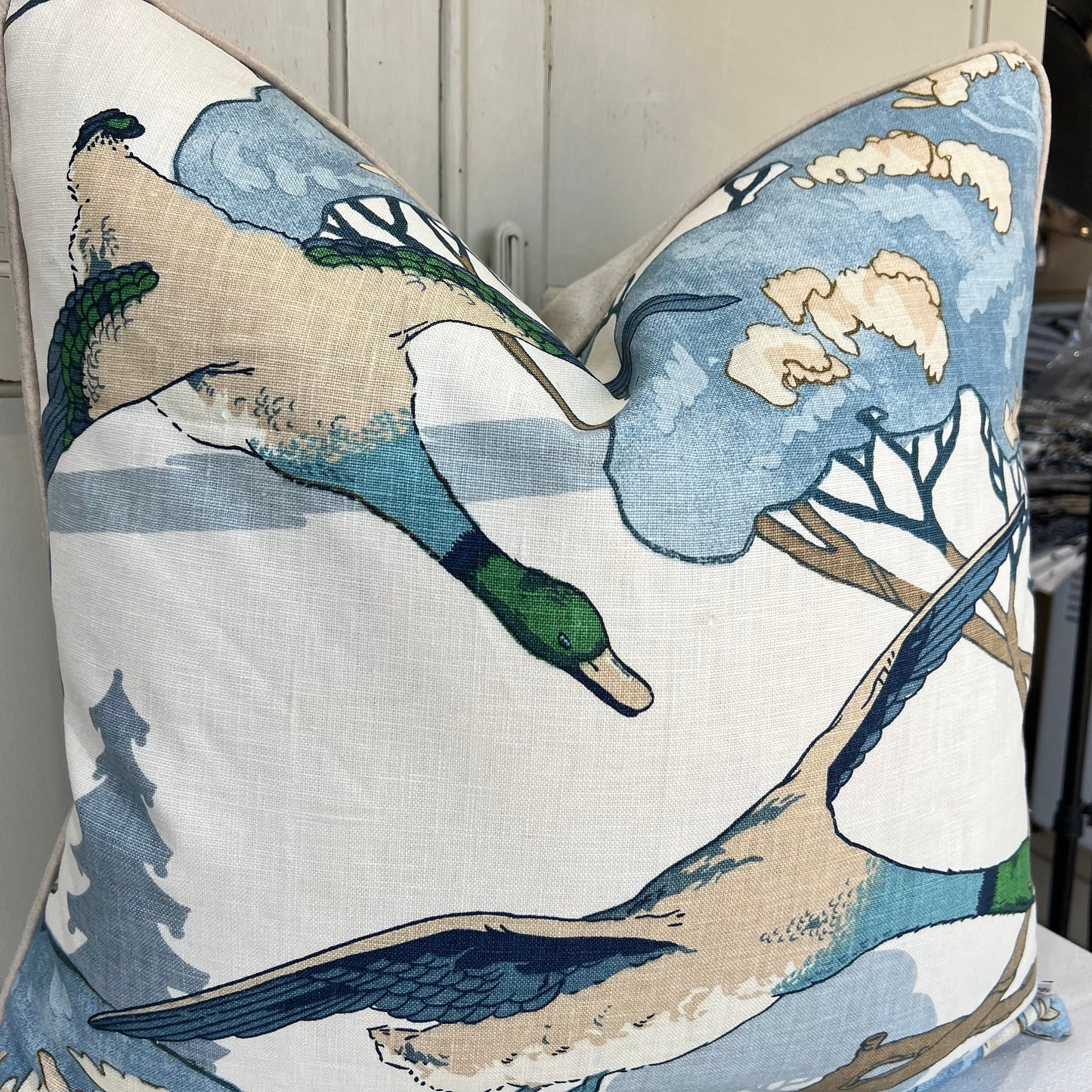 Luxury Designer Mulberry Flying Ducks Blue Neutral Cream Luxury Cushion Pillow Cover