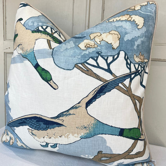 Luxury Designer Mulberry Flying Ducks Blue Neutral Cream Luxury Cushion Pillow Cover