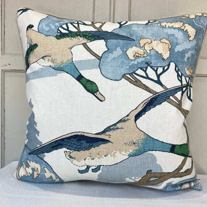 Luxury Designer Mulberry Flying Ducks Blue Neutral Cream Luxury Cushion Pillow Cover