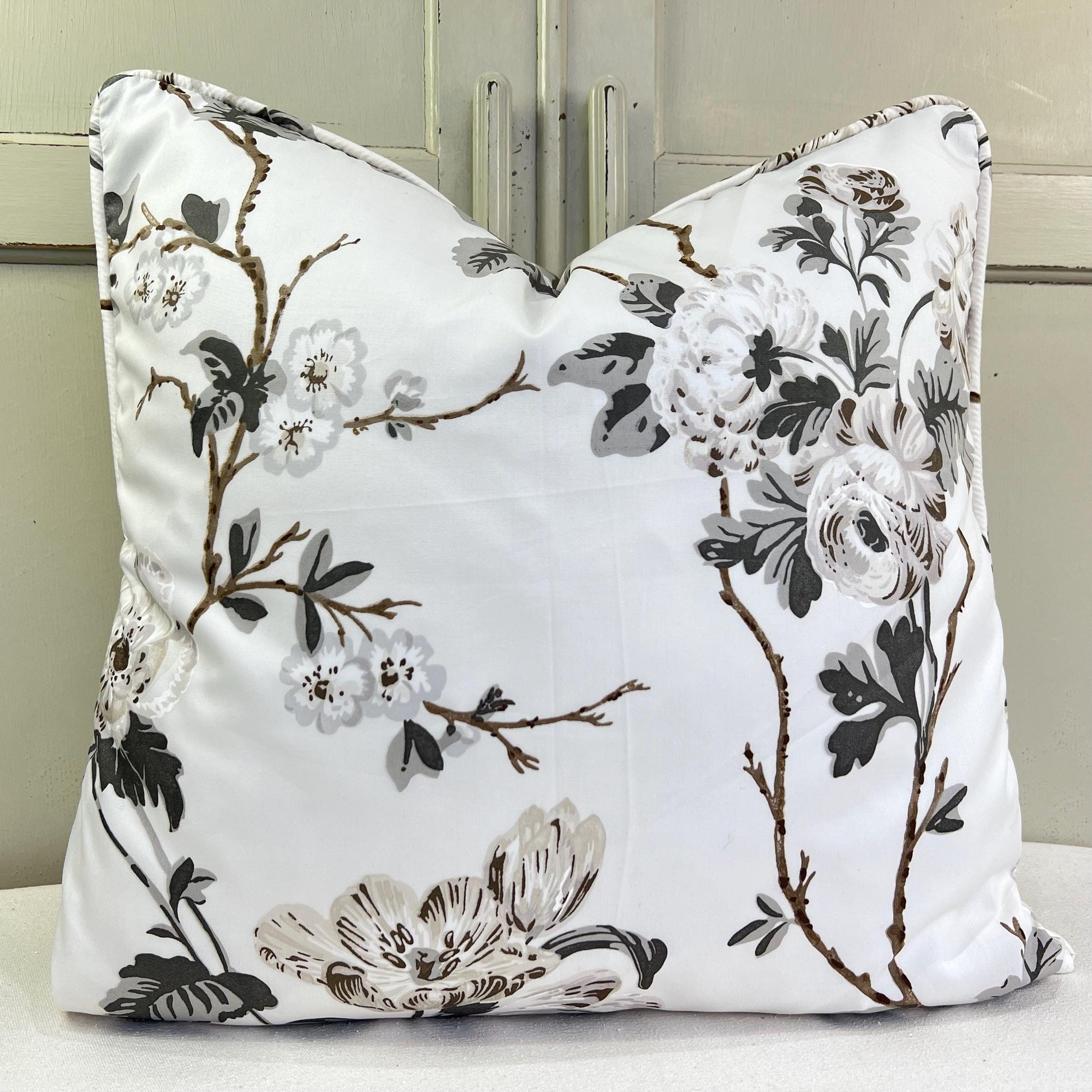 Schumacher Luxury Designer "Betty Chintz" Charcoal Floral White Grey Cushion Pillow Sofa Cover