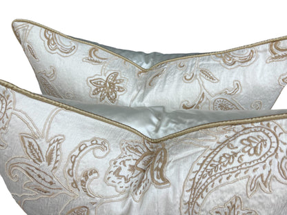 A Pair of James Hare Luxury Designer Cushion Cover Ambi Silk Cream Gold Embroidered Fabric