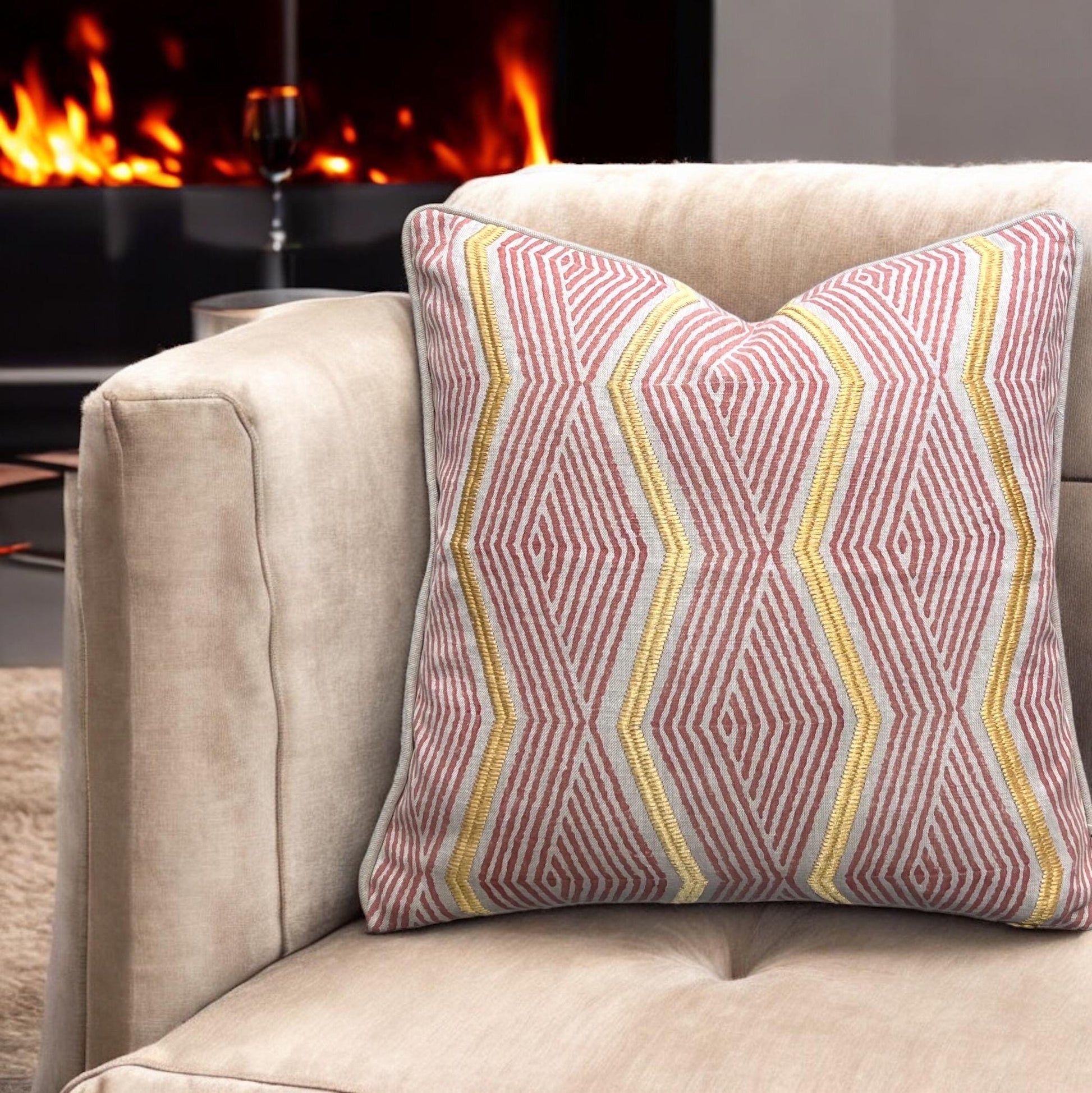 Jane Churchill Zhiri Embroidered Zig Zag Coral Gold Contemporary Cushion Cover