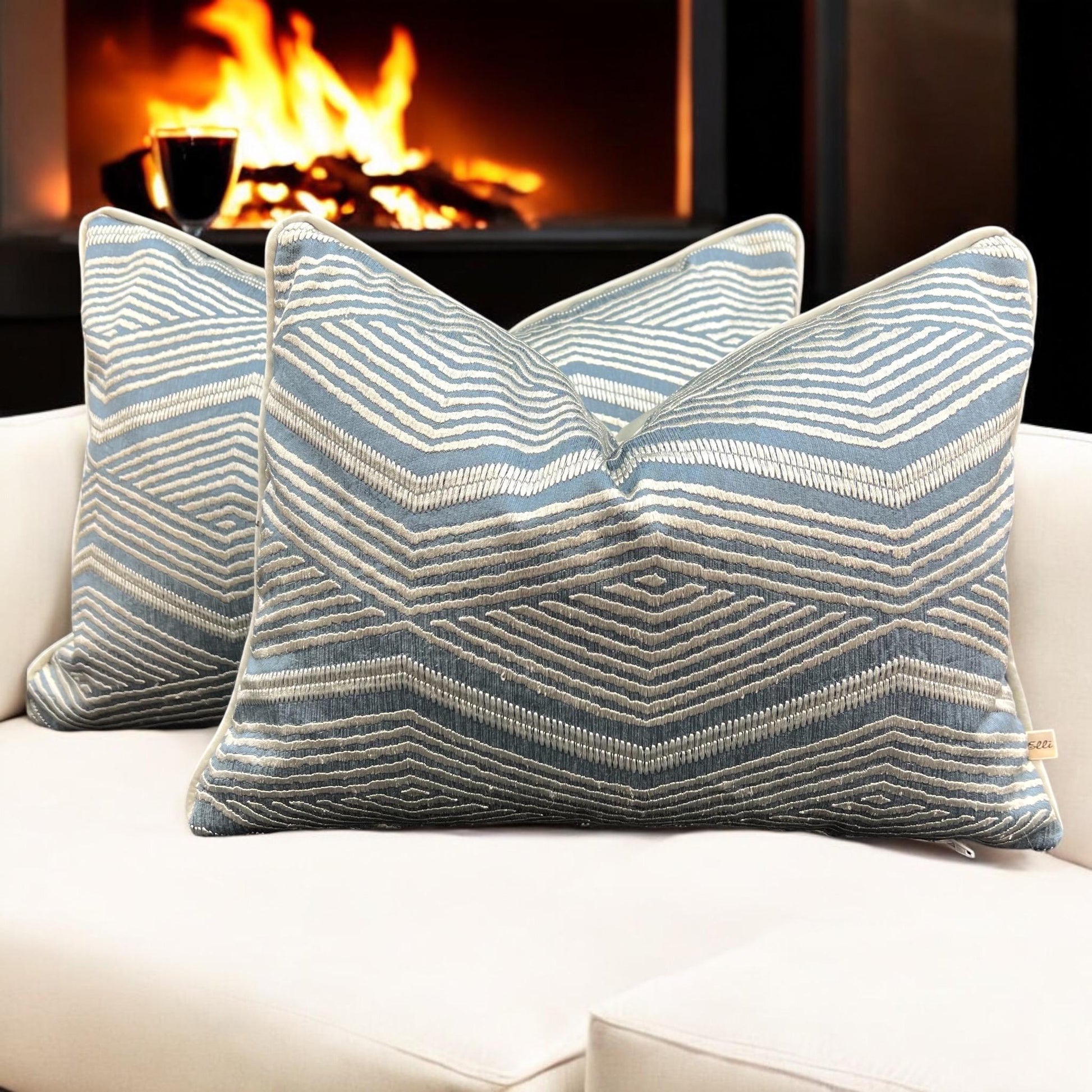 Jane Churchill Zhiri Embroidered Silk Zig Zag Blue Silver Contemporary Cushion Cover