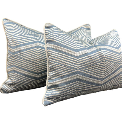 Jane Churchill Zhiri Embroidered Silk Zig Zag Blue Silver Contemporary Cushion Cover