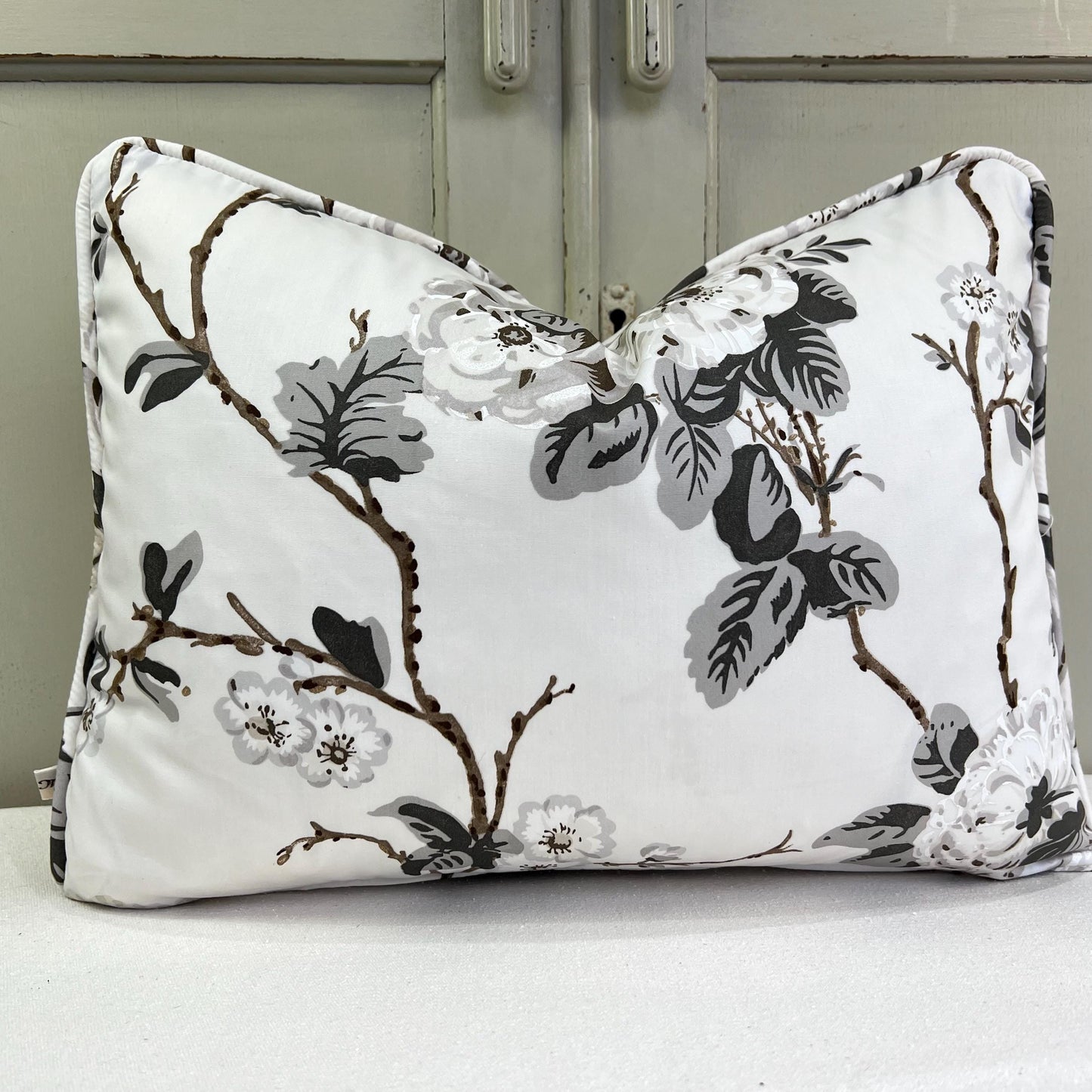 Schumacher Luxury Designer "Betty in Quite Pink" Floral White Grey Cushion Pillow Sofa Cover