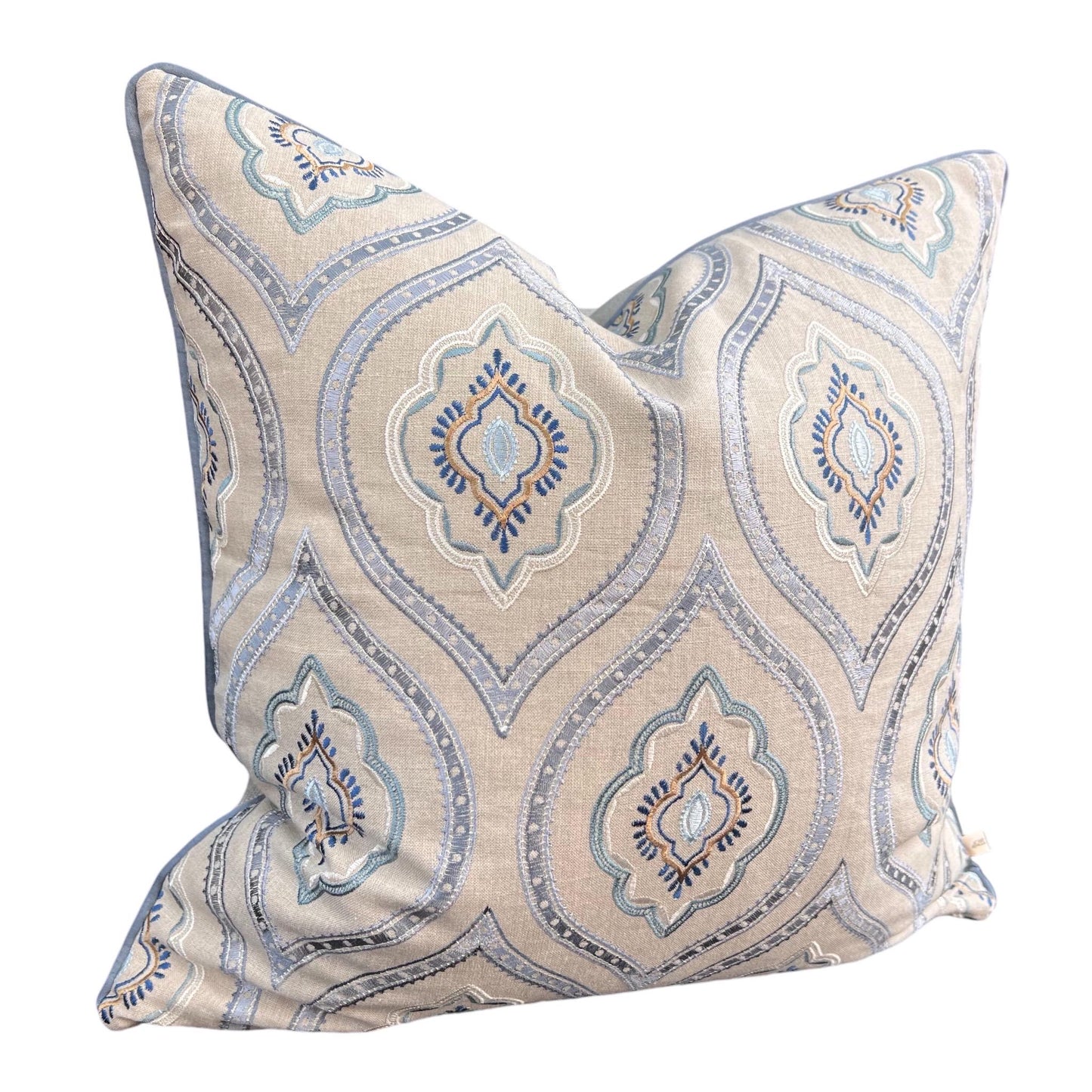 Colefax and Fowler Fabian Luxury Designer Embroidered Grey Blue Cushion Pillow Cover